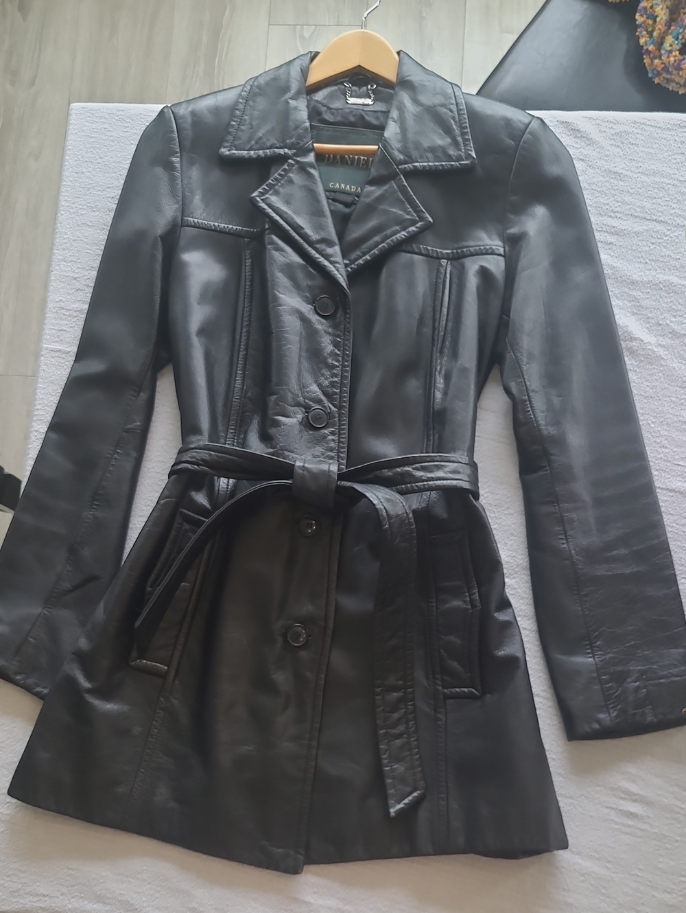 Danier Black Leather Trench with Tie Belt